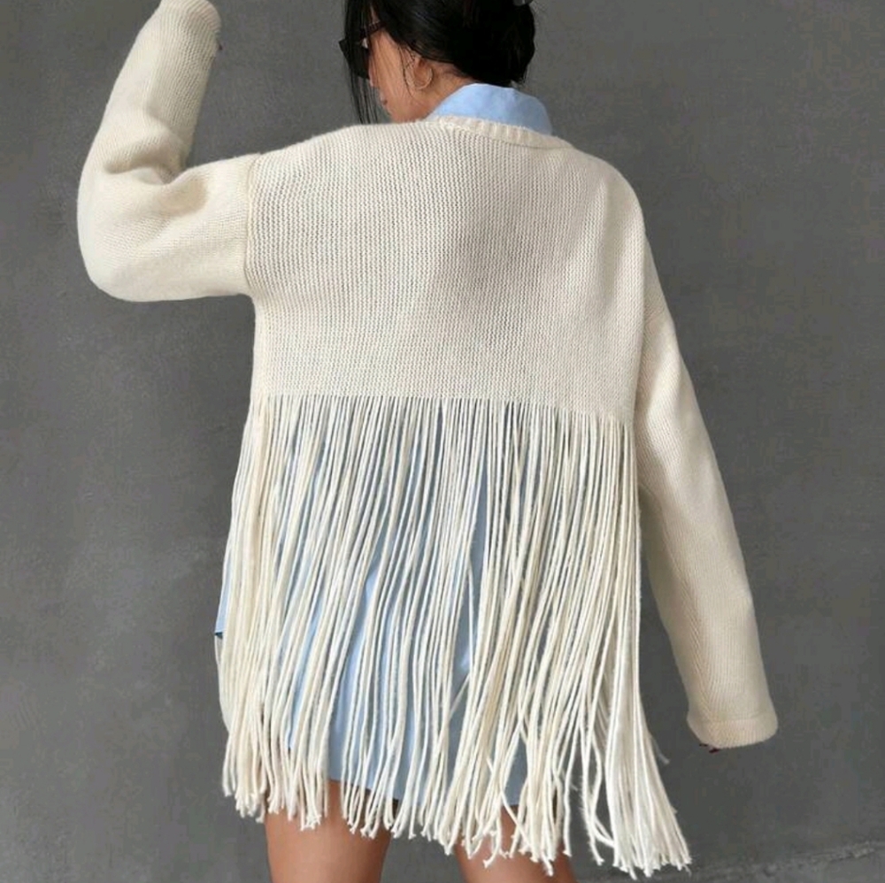 Fringe Accent Pullover Sweater Women High Neck Soft American Style Knitted - Picture 5 of 8